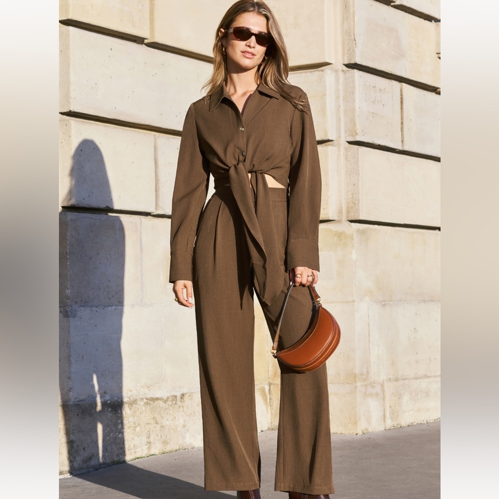 Espresso Chocolate Brown Women's Matching Crop Top and Wide Leg Pants